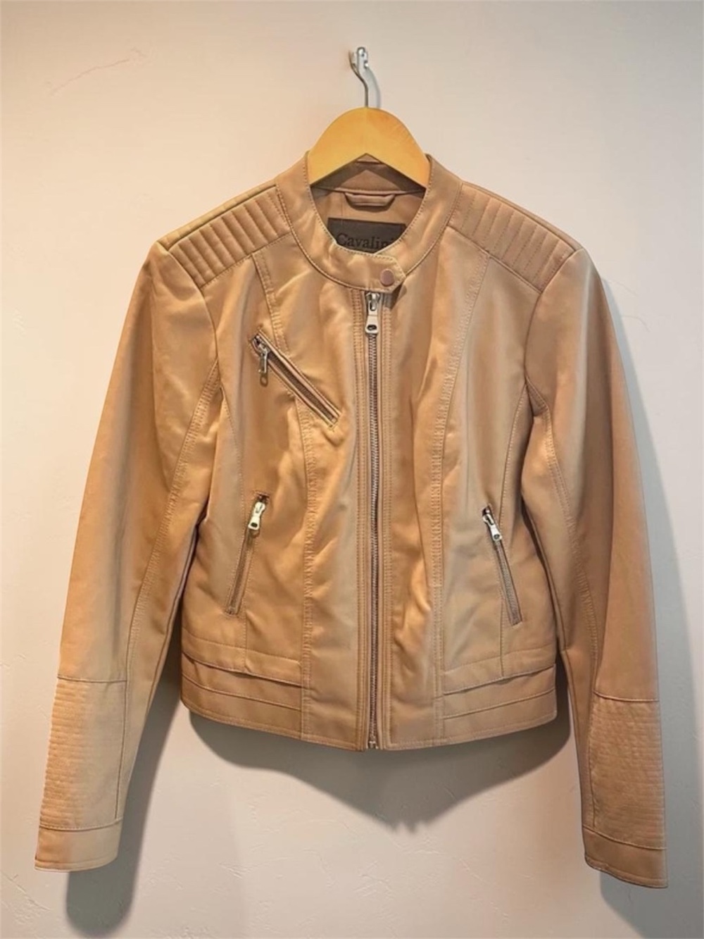 Cavalini Light Tan Leather Moto Jacket with Quilted Shoulders